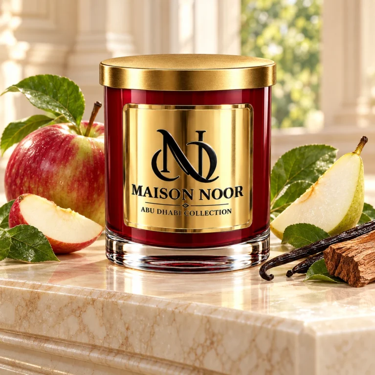 Red MAISON NOOR candle with gold lid beside red-green apple, pear, green leaves, vanilla and cedar wood on ivory stone.