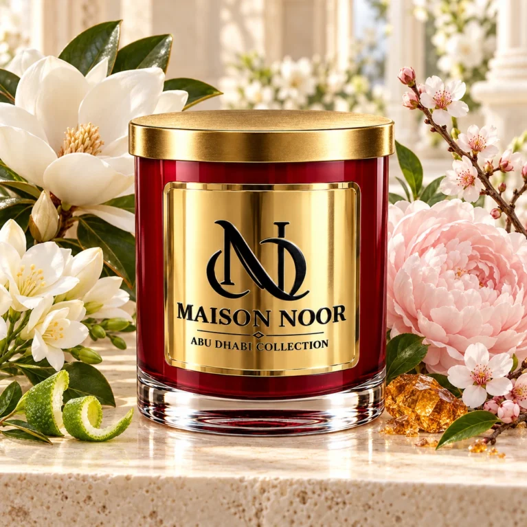 Red MAISON NOOR candle with gold lid beside white magnolia, blush peony, freesia, cherry blossom and bergamot peel on ivory stone.