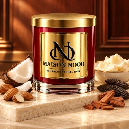 Red MAISON NOOR candle with gold lid beside almonds, coconut, shea butter, tonka beans and wood on ivory stone in a warm wood-paneled salon.