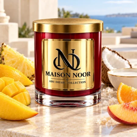 Red MAISON NOOR candle with gold lid beside mango, pineapple, orange, peach, coconut and coconut milk on ivory stone overlooking the sea.