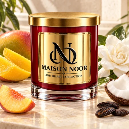 Red MAISON NOOR candle with gold lid beside mango, white gardenia, coconut, peach and tonka beans on ivory stone.