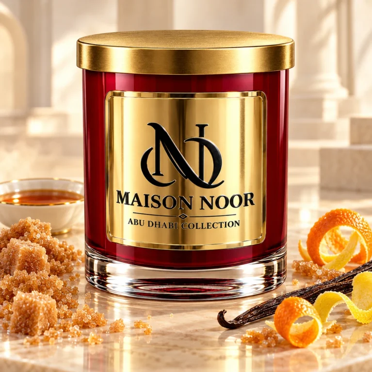 Red MAISON NOOR candle with gold lid beside brown sugar, maple syrup, citrus peel and vanilla on ivory stone.