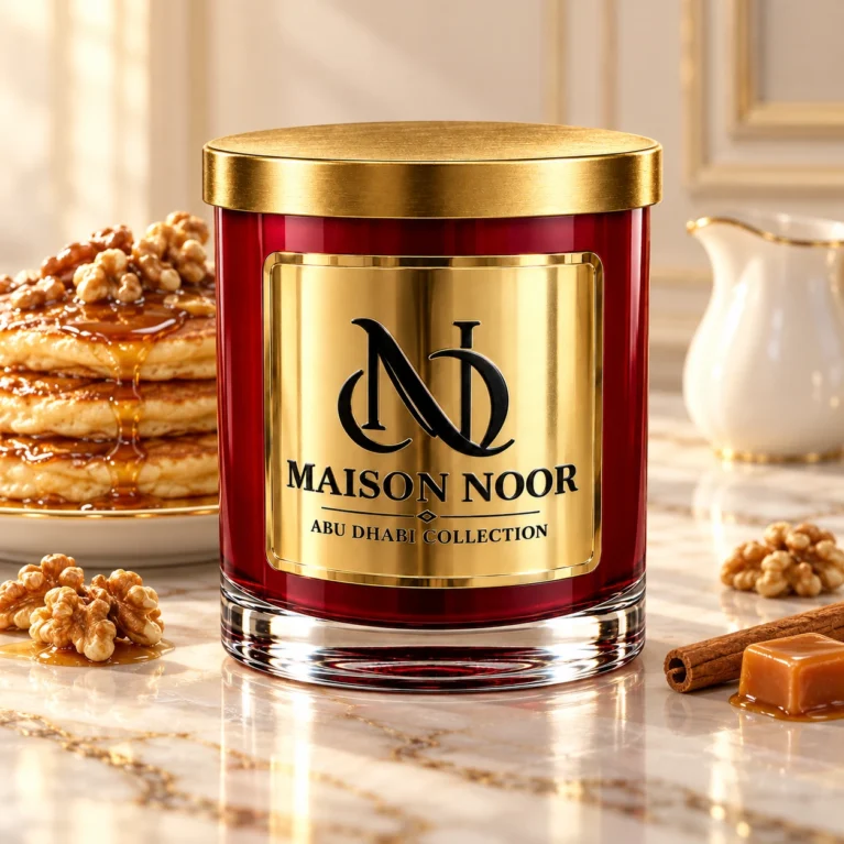 Red MAISON NOOR candle with gold lid beside maple walnut pancakes, walnuts, cinnamon and caramel, with a milk pitcher behind.