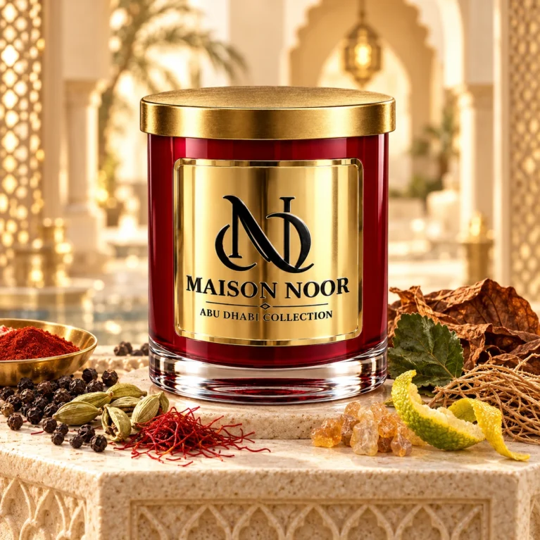Red MAISON NOOR candle with gold lid beside peppercorns, cardamom, saffron, paprika, incense resin, bergamot peel, vetiver and tobacco leaves in a refined riad setting.