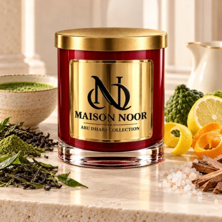 Red MAISON NOOR candle with gold lid beside matcha, tea leaves, bergamot, citrus peel, sea salt and sandalwood, with a cream pitcher behind.