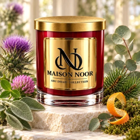 Red MAISON NOOR candle with gold lid beside purple thistle, pink clover, sage, eucalyptus, pine, moss and orange peel on ivory stone.