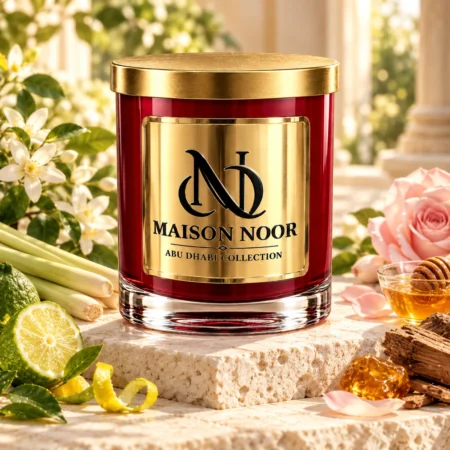 Red MAISON NOOR candle with gold lid beside lemongrass, bergamot, orange blossom, pink rose, honey and cedar on ivory stone.