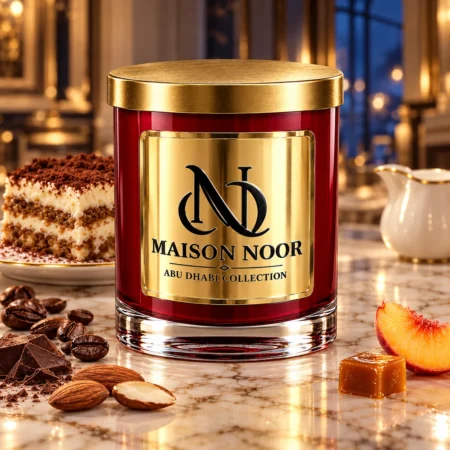 Red MAISON NOOR candle with gold lid beside tiramisu, coffee beans, chocolate, almonds, peach and caramel, with a cream pitcher in a midnight salon.