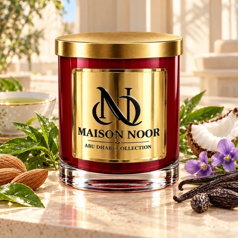 Red MAISON NOOR candle with gold lid beside green tea, almonds, coconut, violets, vanilla, tonka beans and green leaves on ivory stone.