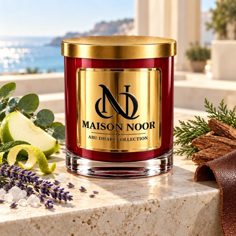 Red MAISON NOOR candle with gold lid beside apple, bergamot peel, eucalyptus, lavender, sea salt, cedar and brown leather overlooking the sea.