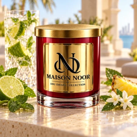 Red MAISON NOOR candle with gold lid beside lime, mint, pineapple and jasmine, with a crystal mojito glass in a coastal setting.