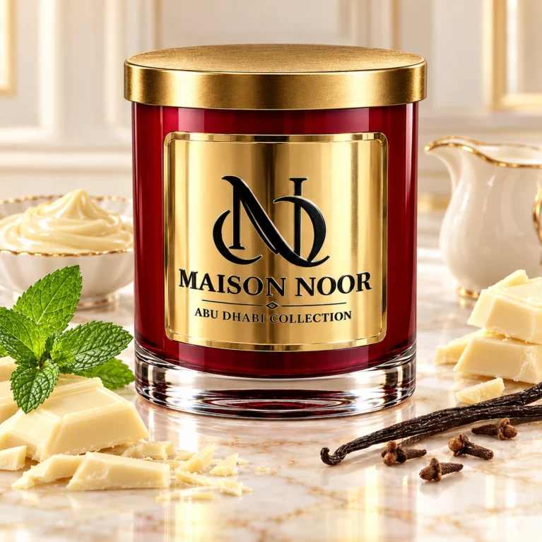Red MAISON NOOR candle with gold lid beside white chocolate, peppermint, vanilla and cloves, with white chocolate ganache and cream behind.