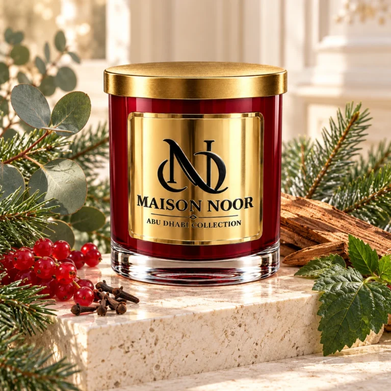 Red MAISON NOOR candle with gold lid beside eucalyptus, pine, fir, red currants, cloves, patchouli leaf and cedar wood on ivory stone.