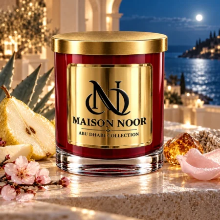 Red MAISON NOOR candle with gold lid beside pear, agave, cherry blossom and rose petals on ivory stone overlooking a moonlit sea.