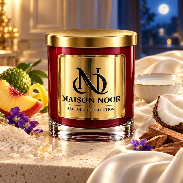 Red MAISON NOOR candle with gold lid beside peach, bergamot, rice, violets, milk, coconut and sandalwood on ivory stone and silk in moonlight.