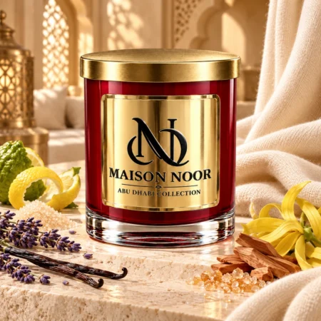 Red MAISON NOOR candle with gold lid beside bergamot, lavender, vanilla, ylang-ylang and sandalwood on ivory stone with a cashmere drape in a refined riad.