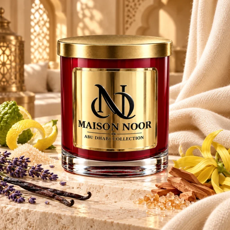 Red MAISON NOOR candle with gold lid beside bergamot, lavender, vanilla, ylang-ylang and sandalwood on ivory stone with a cashmere drape in a refined riad.