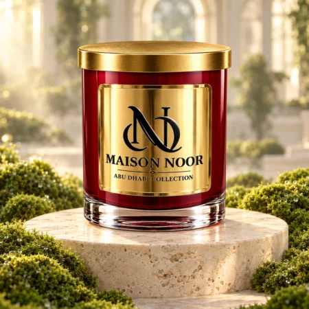 Red MAISON NOOR candle with gold lid on an ivory pedestal surrounded by lush green moss in soft misted light.
