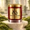 Red MAISON NOOR candle with gold lid on an ivory pedestal surrounded by lush green moss in soft misted light.