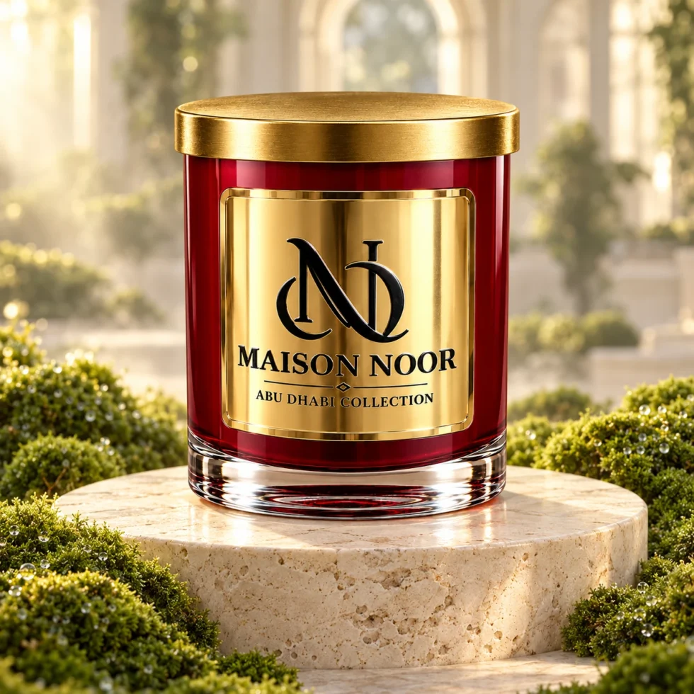 Red MAISON NOOR candle with gold lid on an ivory pedestal surrounded by lush green moss in soft misted light.