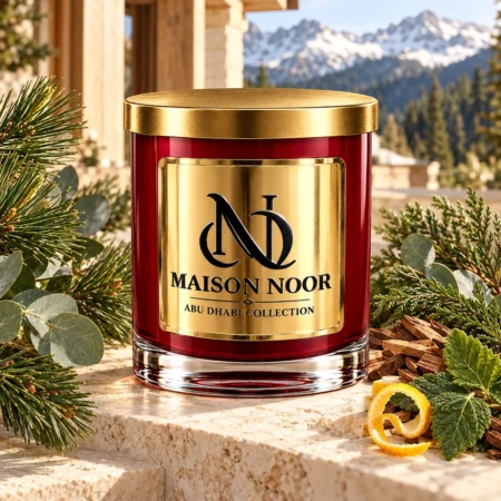 Red MAISON NOOR candle with gold lid beside pine, eucalyptus, evergreen foliage, cedar, patchouli leaf and citrus peel overlooking alpine mountains.
