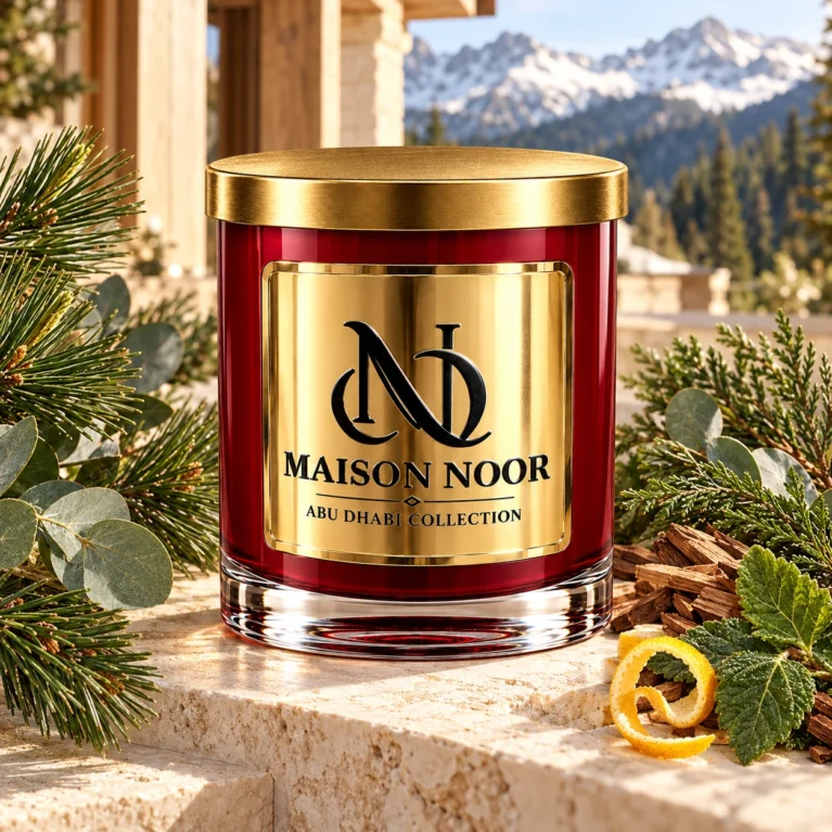 Red MAISON NOOR candle with gold lid beside pine, eucalyptus, evergreen foliage, cedar, patchouli leaf and citrus peel overlooking alpine mountains.