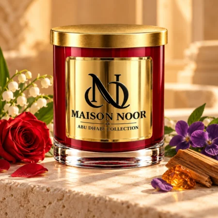 MAISON NOOR red and gold Nag Champa candle on limestone with rose, lily of the valley, violets and sandalwood in warm light.