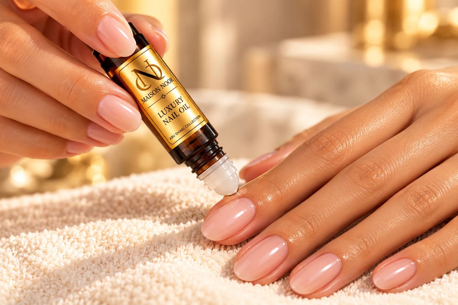 Maison Noor Luxury Nail Oil roll-on applied to a cuticle beside natural pink nails.
