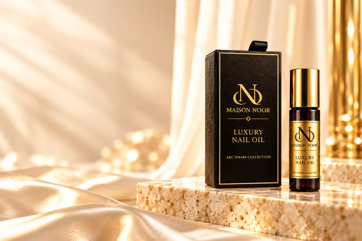 Maison Noor Luxury Nail Oil bottle and black box with gold detailing on ivory travertine.