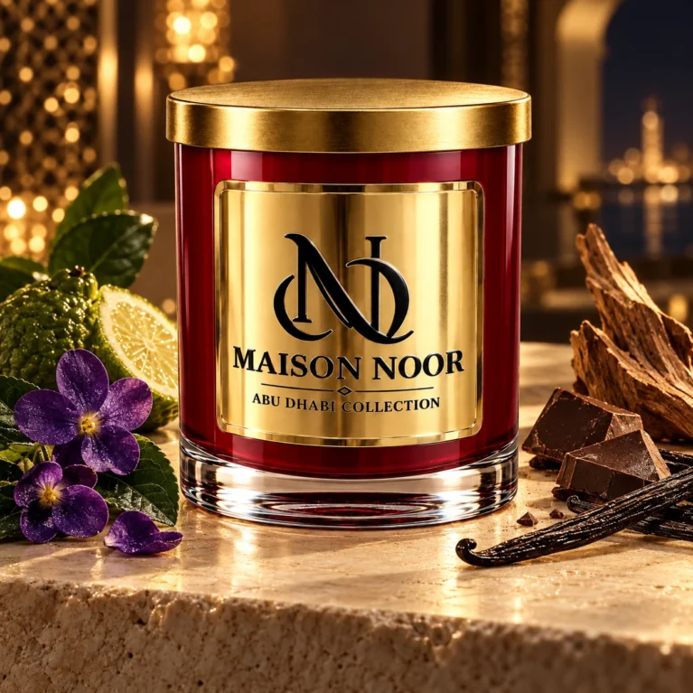 MAISON NOOR Nocturna red and gold candle with violets, bergamot, chocolate, vanilla and wood on limestone in warm evening light.