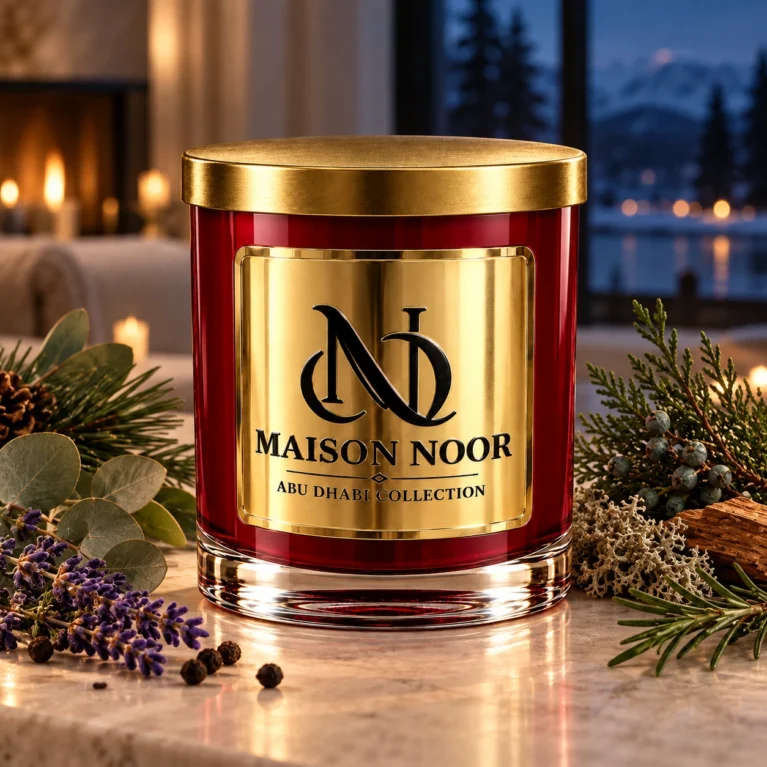 MAISON NOOR Nordic Night candle with lavender, eucalyptus, evergreen sprigs, cedar and rosemary in a warm interior at blue hour.