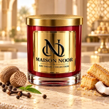 MAISON NOOR Nutmeg Shortbread candle with nutmeg, cloves, peppercorns, verbena leaves, coconut and golden shortbread on limestone.