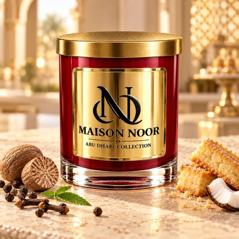 MAISON NOOR Nutmeg Shortbread candle with nutmeg, cloves, peppercorns, verbena leaves, coconut and golden shortbread on limestone.