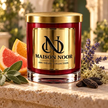 MAISON NOOR Oakmoss and Amber candle with orange, grapefruit, sage, lavender, tonka beans and oakmoss on warm limestone.