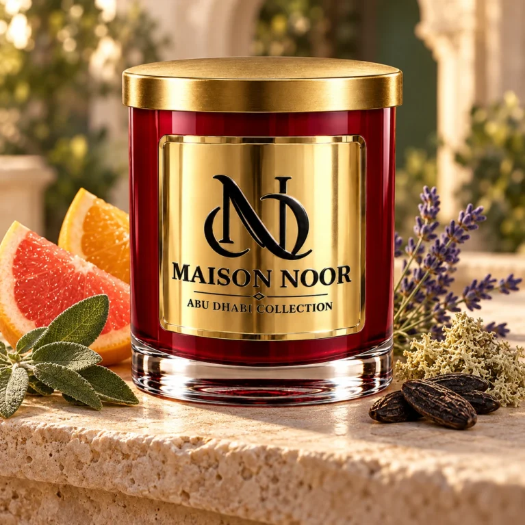 MAISON NOOR Oakmoss and Amber candle with orange, grapefruit, sage, lavender, tonka beans and oakmoss on warm limestone.