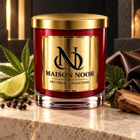 MAISON NOOR Obsidian red and gold candle with bergamot, green leaves, peppercorns, sandalwood and brown leather on limestone.