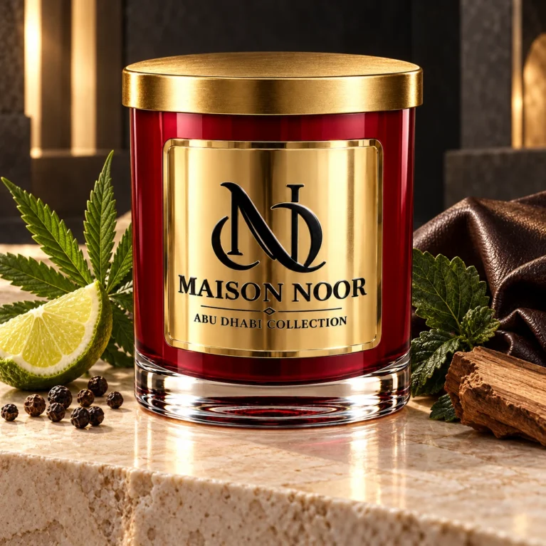 MAISON NOOR Obsidian red and gold candle with bergamot, green leaves, peppercorns, sandalwood and brown leather on limestone.