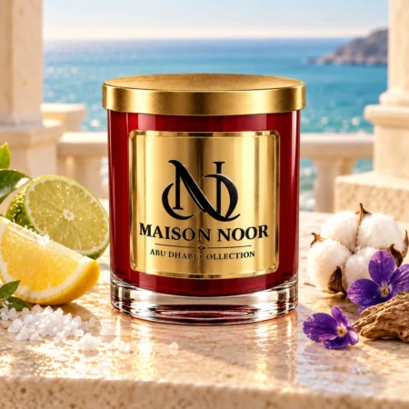 MAISON NOOR Ocean Breeze candle on a sea-facing limestone terrace with lemon, lime, sea salt, cotton and violet flowers.