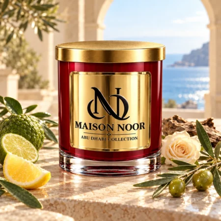 MAISON NOOR Olive Leaf and Citron candle with bergamot, lemon, olive branches, olives and a pale rose on a coastal limestone terrace.