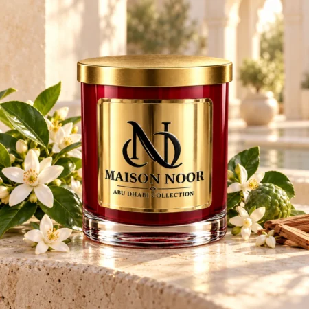 MAISON NOOR Orange Blossom candle with white citrus blossoms, jasmine, bergamot and sandalwood on a sunlit ivory stone courtyard ledge.