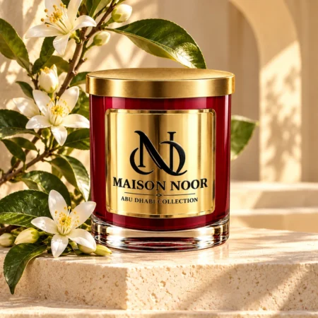MAISON NOOR Orange Blossom Element red and gold candle beside a white orange blossom branch on sculptural ivory stone steps.