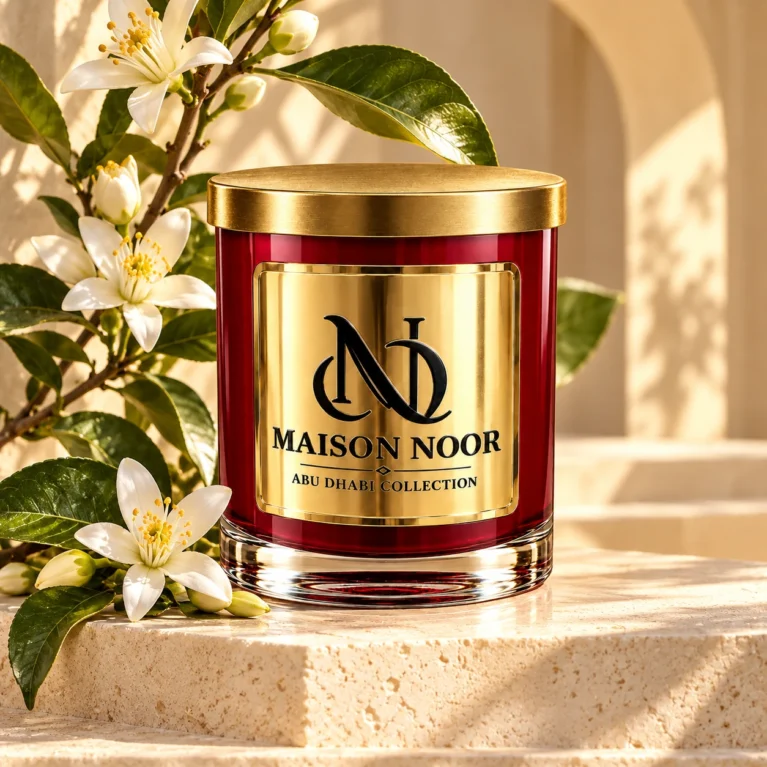 MAISON NOOR Orange Blossom Element red and gold candle beside a white orange blossom branch on sculptural ivory stone steps.