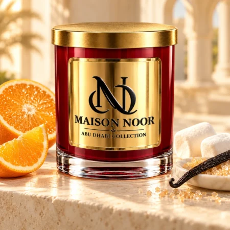 MAISON NOOR Orange Creamsicle candle with orange slices, vanilla pod, marshmallows and sugar on warm ivory limestone.