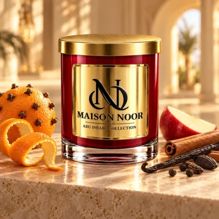 MAISON NOOR Orange Pomander candle with clove-studded orange, orange peel, apple, cinnamon, vanilla, tonka beans and peppercorns.