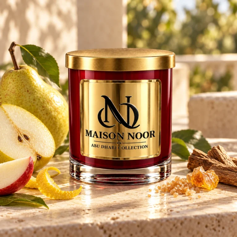 MAISON NOOR Orchard Pear candle with whole and sliced pear, apple wedge, citrus peel, sugar, resin and wood on warm limestone.