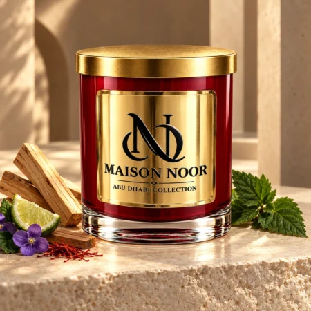 MAISON NOOR Palo Santo and Sandalwood candle with pale wood sticks, bergamot, violets, saffron and patchouli leaves on ivory limestone.