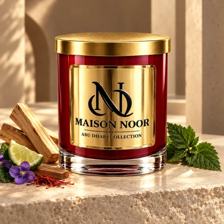 MAISON NOOR Palo Santo and Sandalwood candle with pale wood sticks, bergamot, violets, saffron and patchouli leaves on ivory limestone.