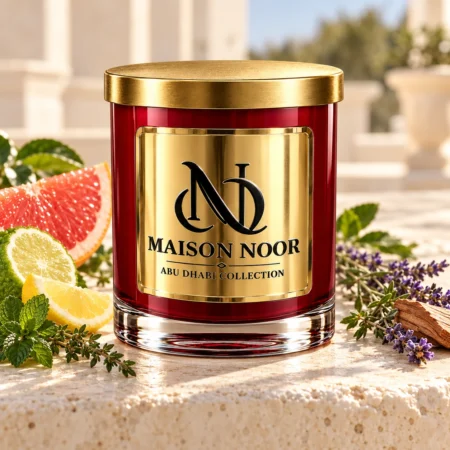 MAISON NOOR Paloma candle with grapefruit, bergamot, lemon, mint, thyme, lavender and cedar on a sunlit limestone terrace.