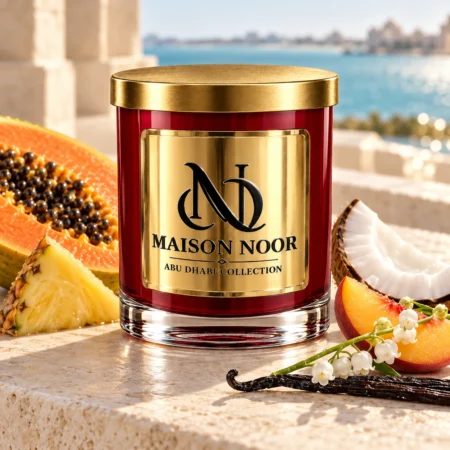 MAISON NOOR Papaya Paradise candle with papaya, pineapple, coconut, peach, lily of the valley and vanilla beside a turquoise lagoon.