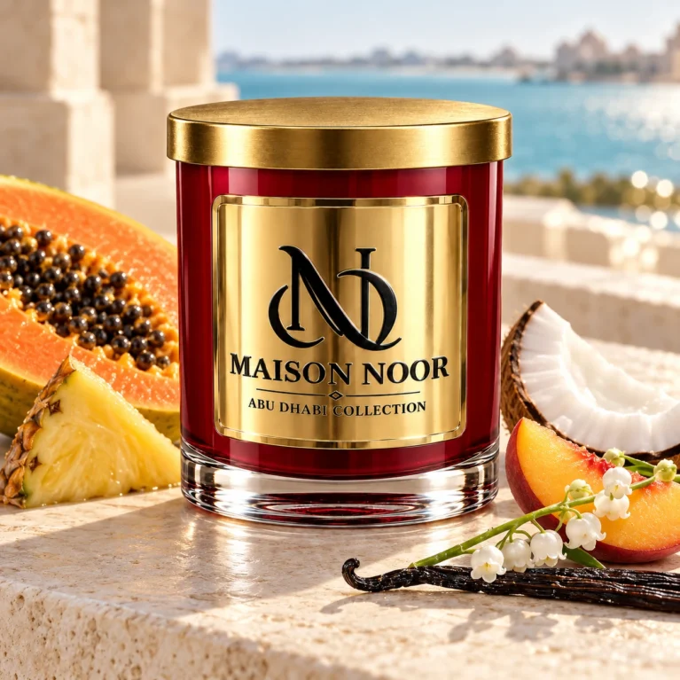 MAISON NOOR Papaya Paradise candle with papaya, pineapple, coconut, peach, lily of the valley and vanilla beside a turquoise lagoon.